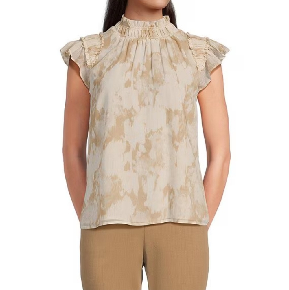 Calvin Klein,NWT,Printed Mock Neck Ruffled Cap Sleeve Top,M